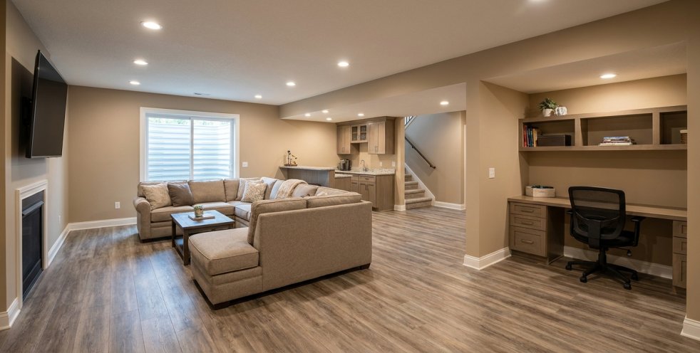 Finished basement with sectional sofa, built-in desk, and recessed lighting