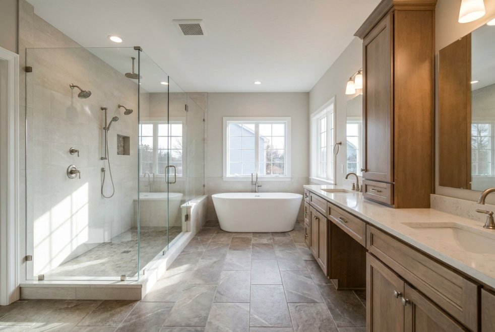 Updated master bathroom with glass shower, freestanding tub, double vanity, and large windows