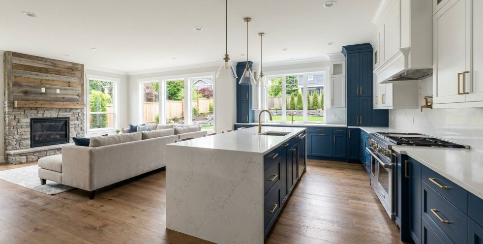 Newly renovated open-concept kitchen and living room with island, fireplace, and blue cabinets